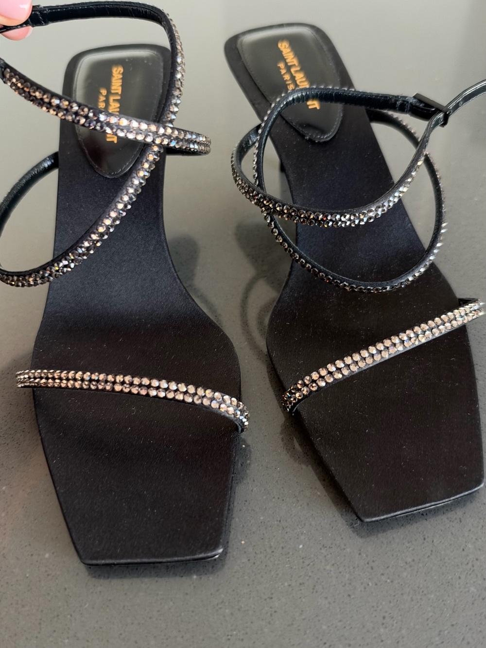 Saint Laurent Black Crystal-Strap Square-Toe Sandals